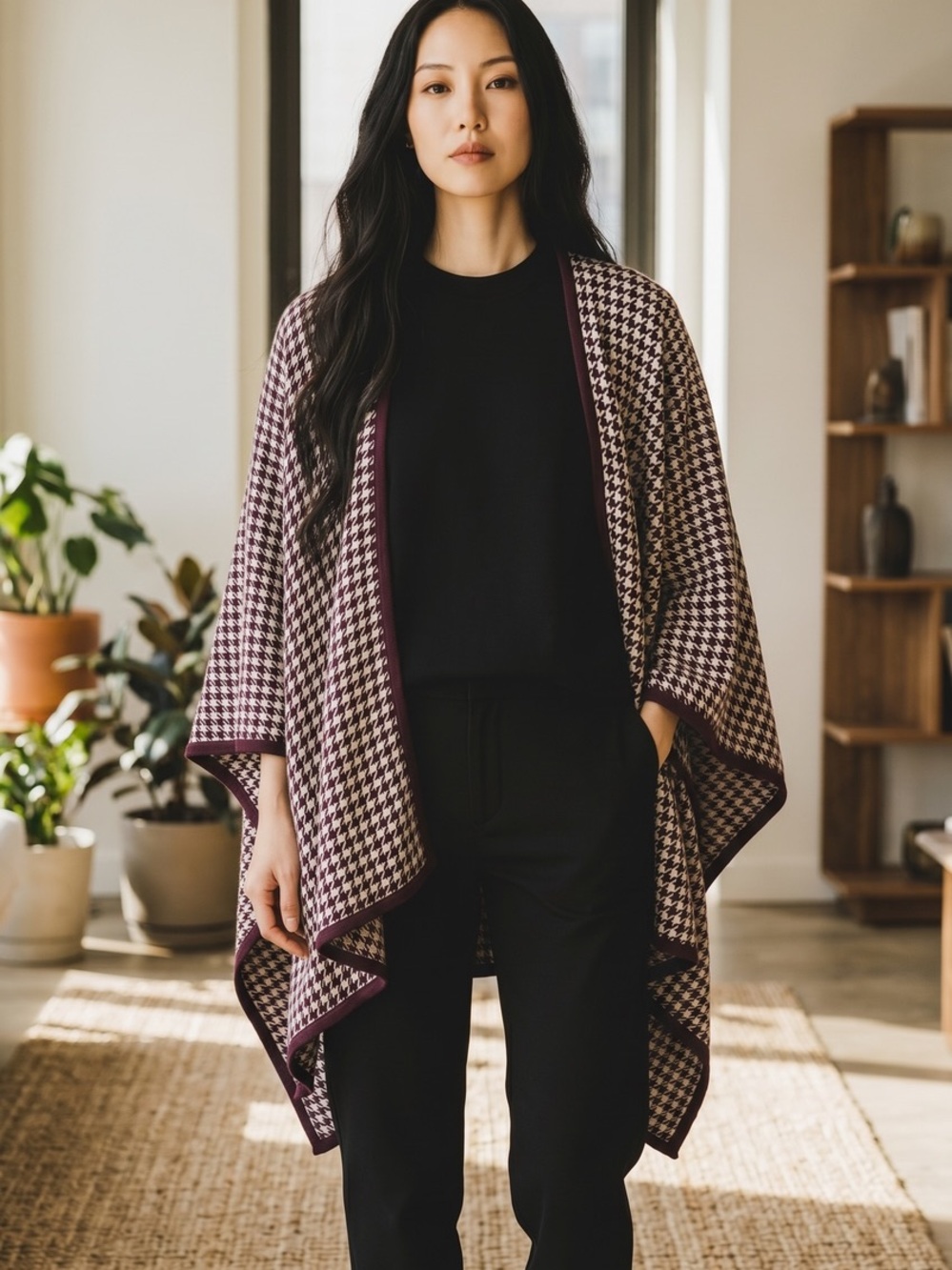 Ann Taylor Plum & Cream Houndstooth Open-Front Wrap